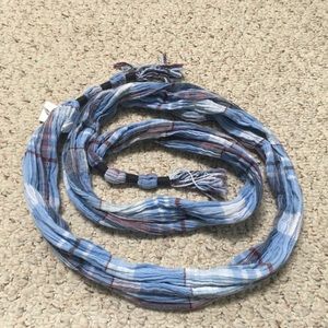 H&M light blue, white, maroon stripe tassel scarf